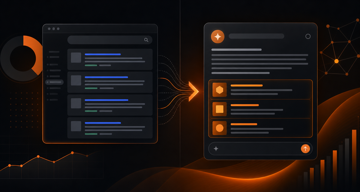 Dark analytics-style comparison of Google search results and AI recommendations, with orange highlights showing ranked links on one side and brand recommendations on the other.