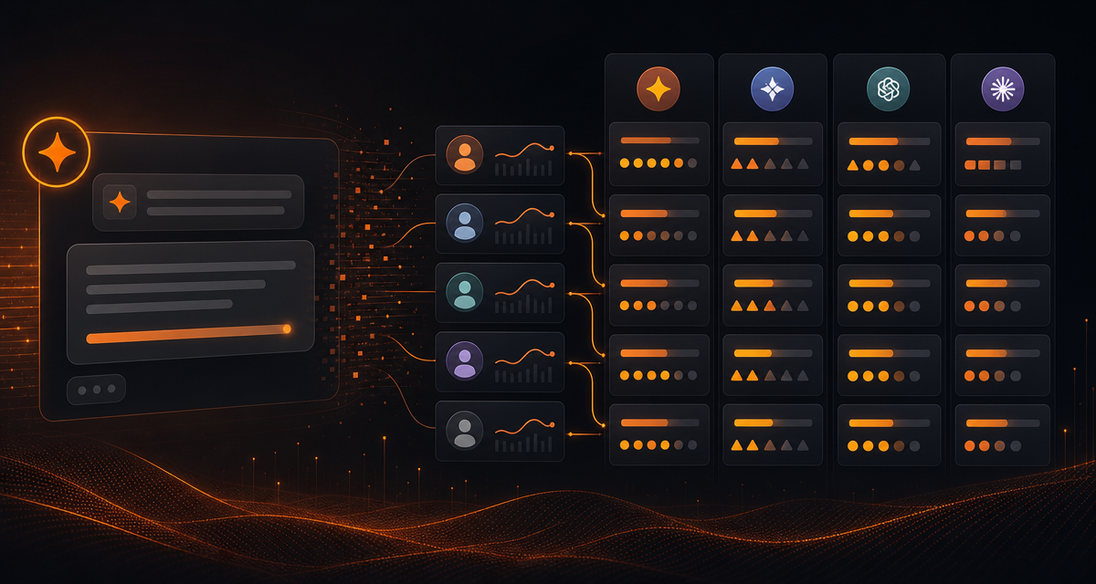 A dark analytics interface with orange highlights showing multiple AI recommendation paths across audience profiles and models.