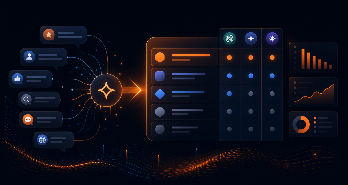 Dark analytics-style visual showing AI recommendation paths, brand shortlists, and orange-highlighted reputation signals.